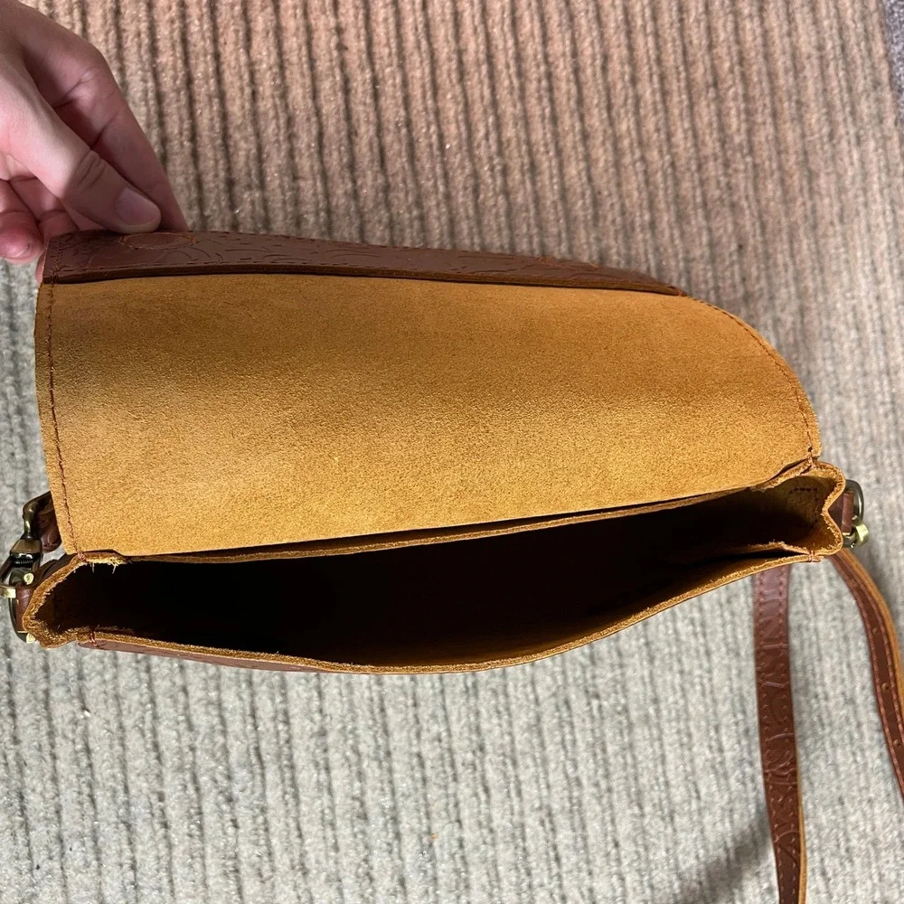 Portland Leather Goods Floral Embossed Leather Crossbody Bag Cognac Brown Small